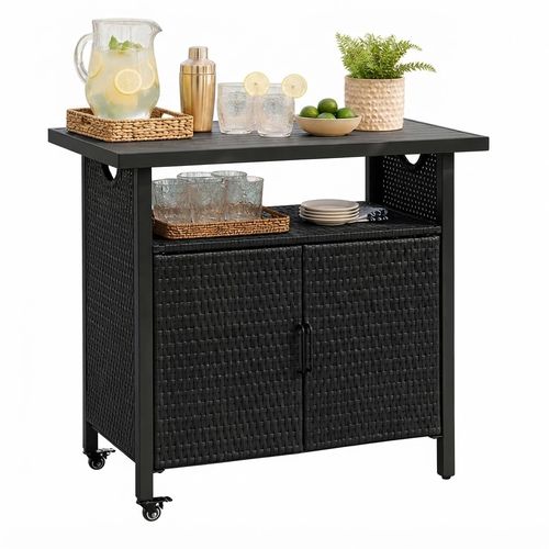 35.5-inch Outdoor Bar Cart with Wicker Storage Cabinet