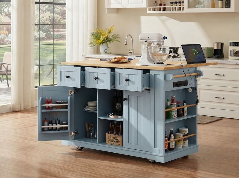 Rolling kitchen island with the drop leaf extended in a small kitchen