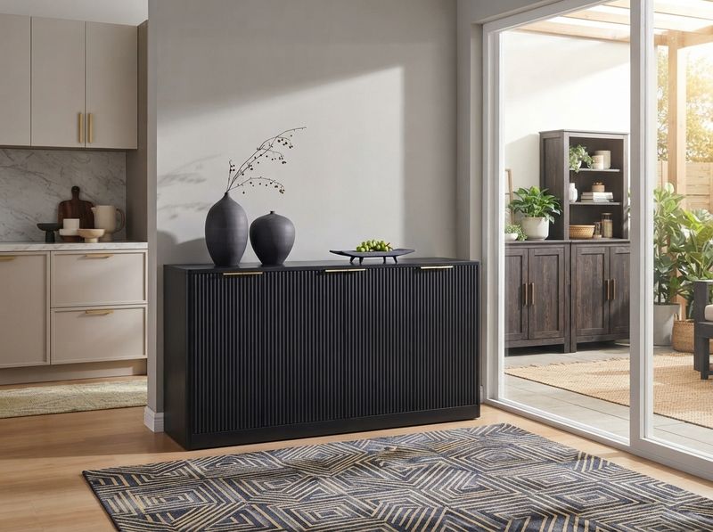 Fluted buffet cabinet holding a stand mixer and stacked platters