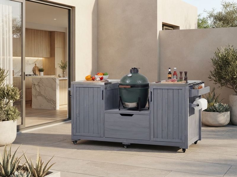 Fir wood grill cart with stainless side tables on a patio