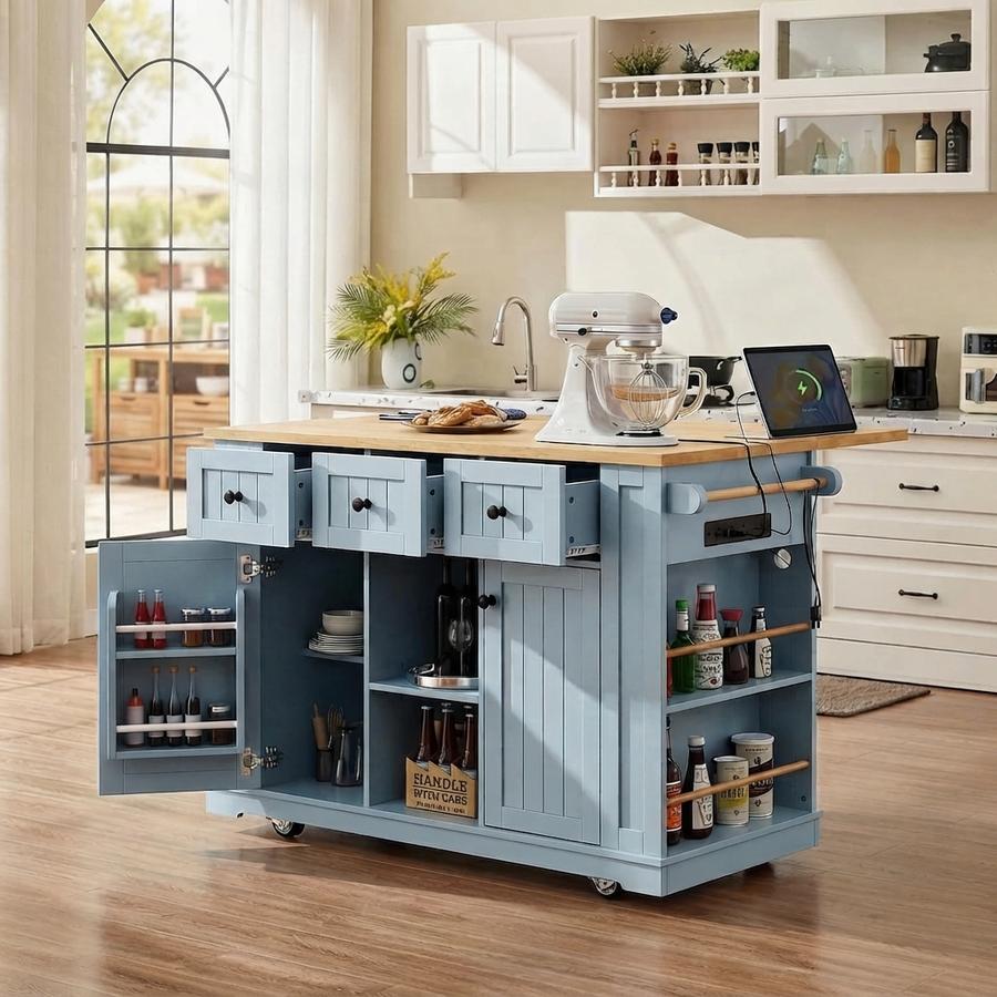 Rolling kitchen island with drop leaf beside a stove wall