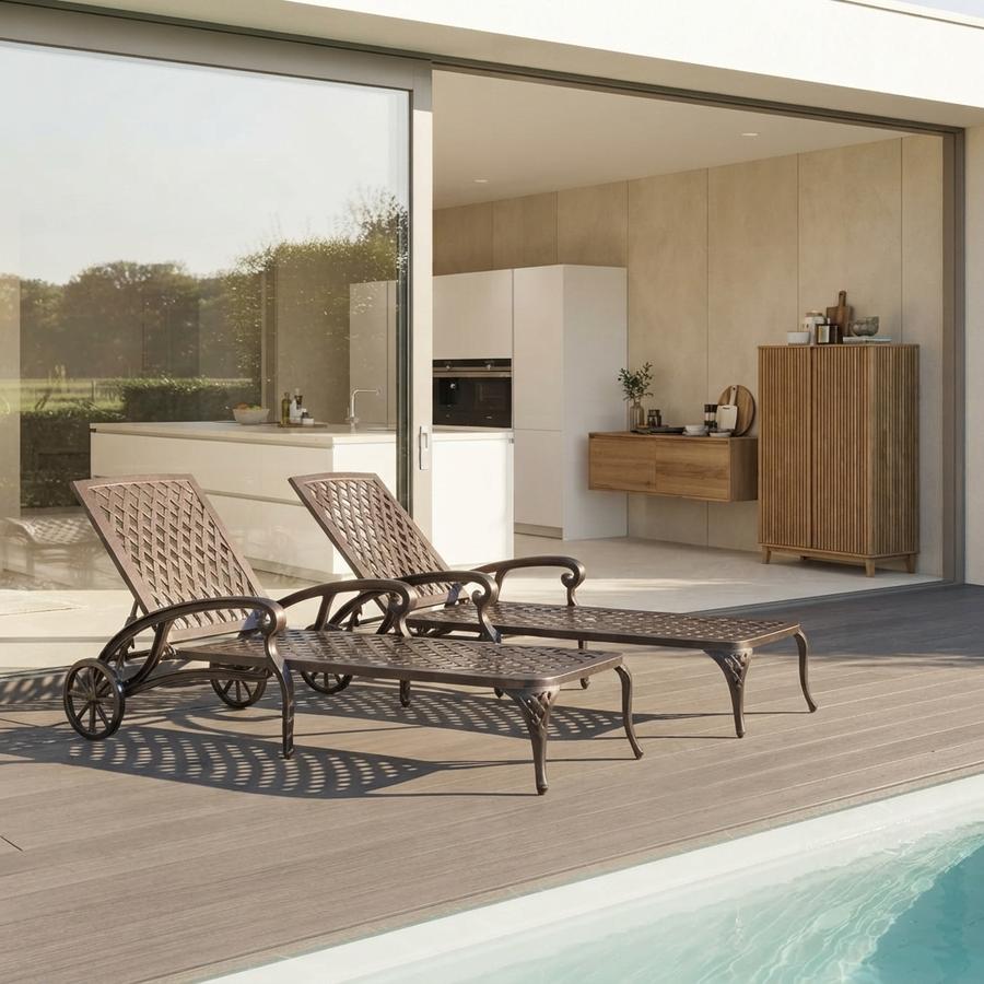 Cast aluminum lounger reclined beside a backyard pool