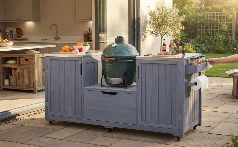 Fir wood grill cart with stainless side tables on a deck
