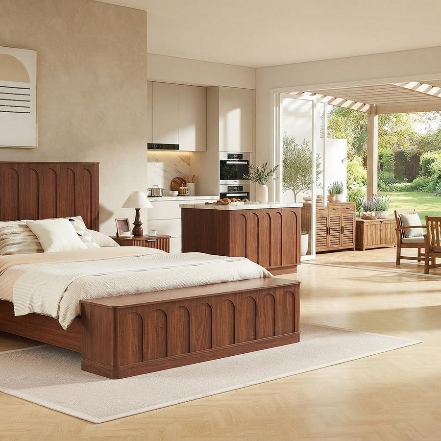Arched queen bed frame with a footboard storage bench